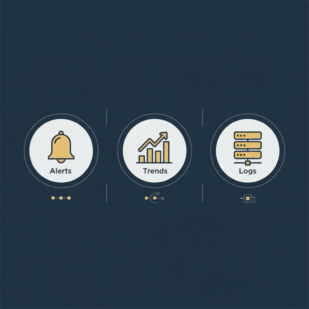 Minimal vector infographic of bell, chart, and server icons on navy background - can people see who searched them on Google