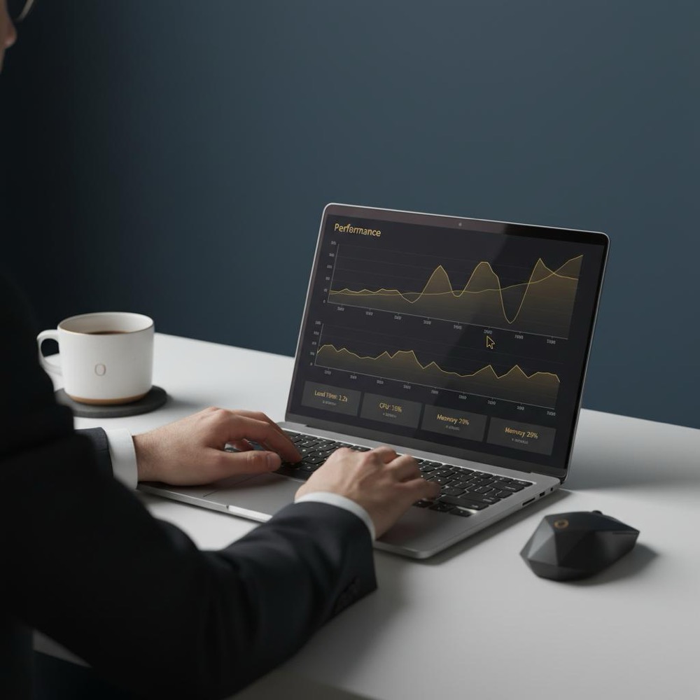 Developer checking website performance metrics on a laptop to improve SEO ranking, minimalist workspace with Orvus brand colors #0B1E33 and #C8A45D, hands visible, no prominent faces.