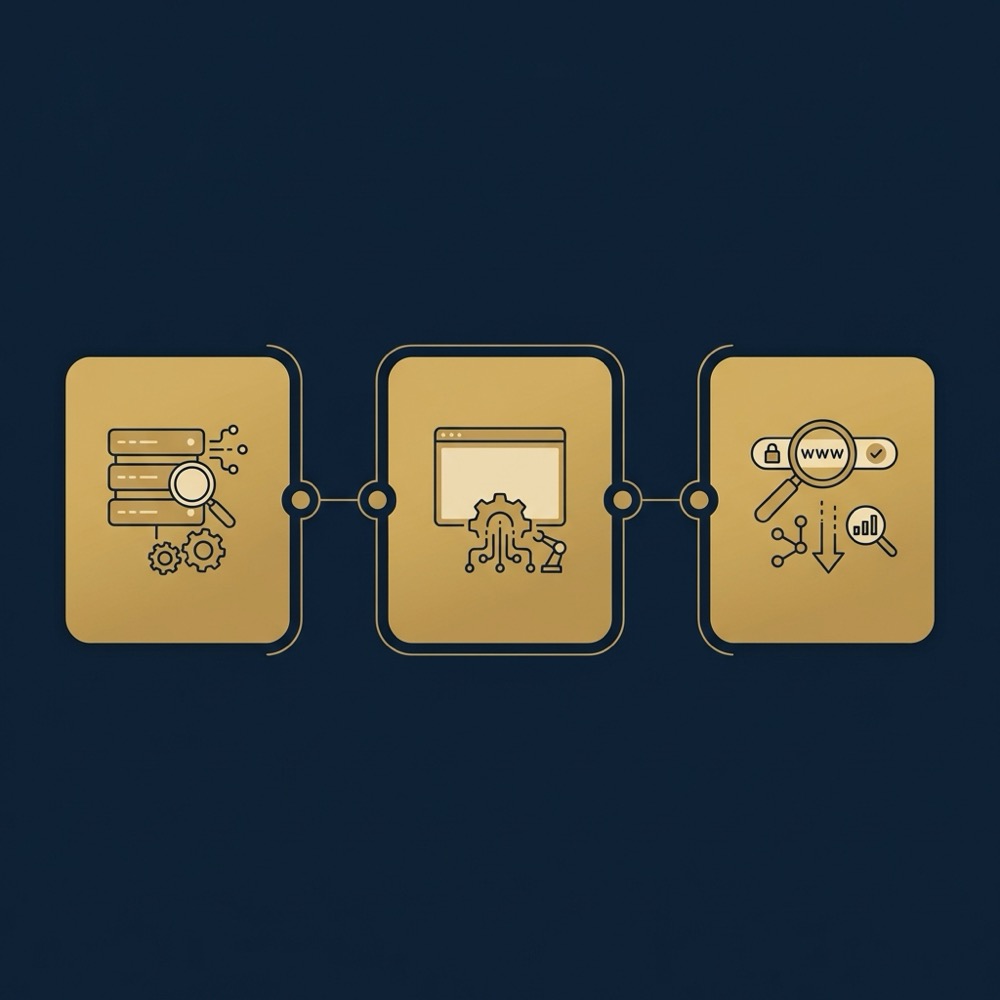 Minimal 2D vector infographic with three icons for server logs headless rendering and URL inspection tools on deep navy background focusing on crawling seo