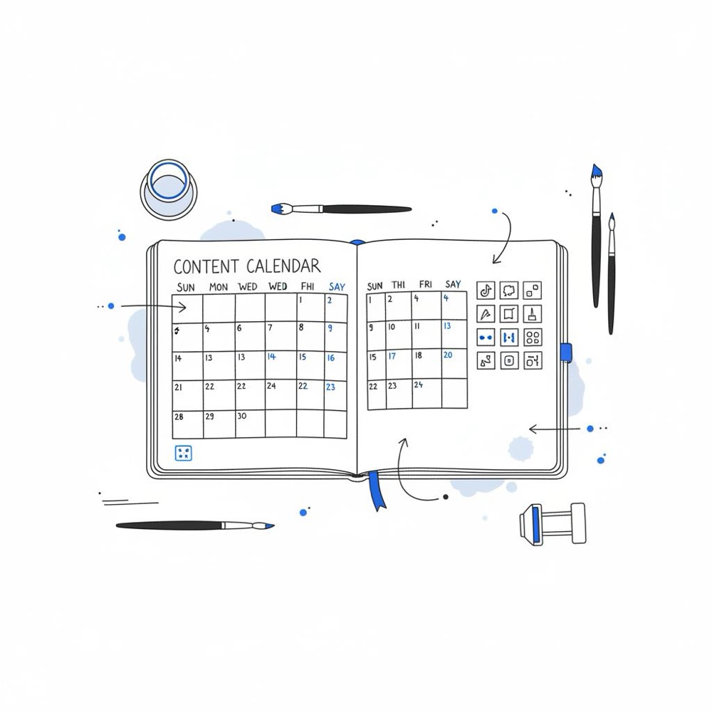 Top-down 2D vector of an open sketchbook with a six-week content calendar and unreadable thumbnail grid for TikTok for painters, surrounded by brushes, a water jar and a phone mount.