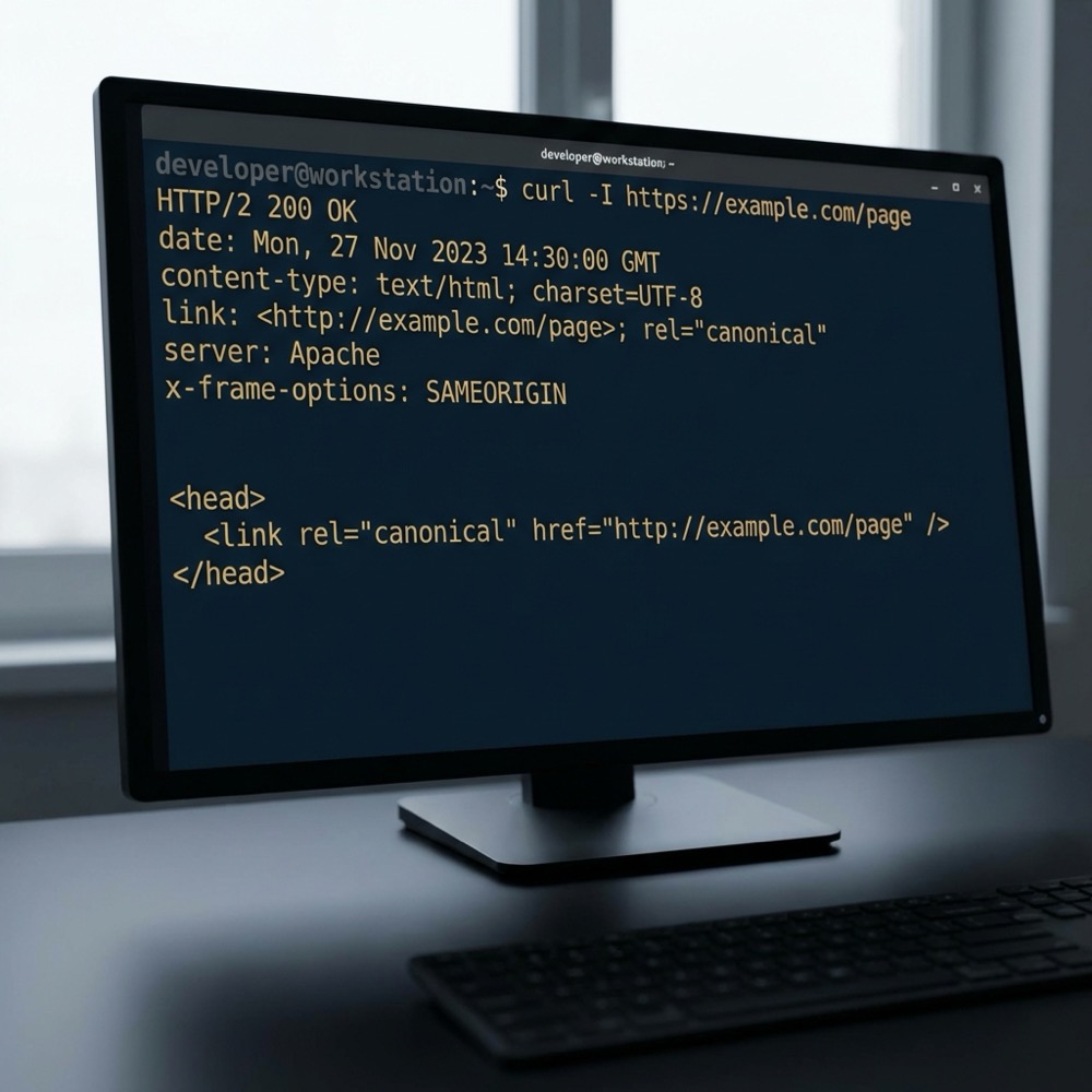 Curl terminal screenshot showing HTTP headers and a rel canonical link element illustrating canonicalization seo best practice on a dark navy brand background