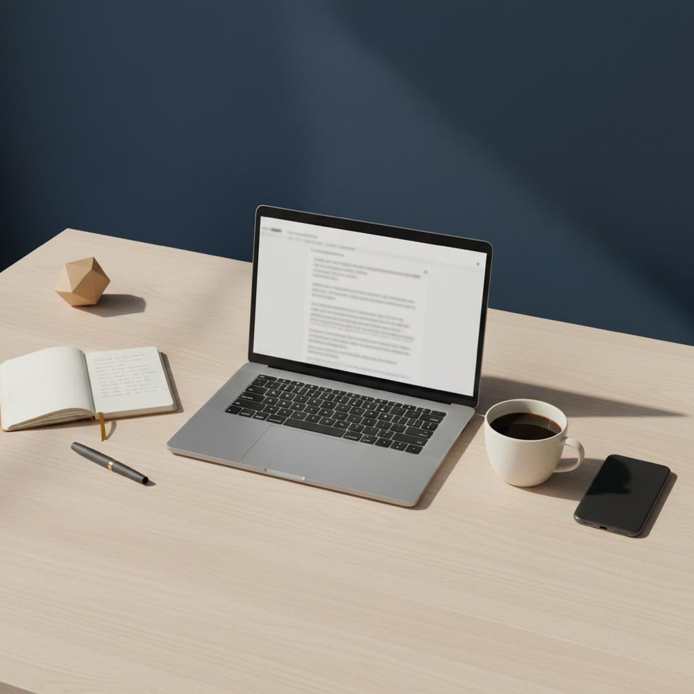 Minimalist workspace with laptop, document, notes and coffee cup on navy background with warm gold accents, focused on tools for AI content writing.