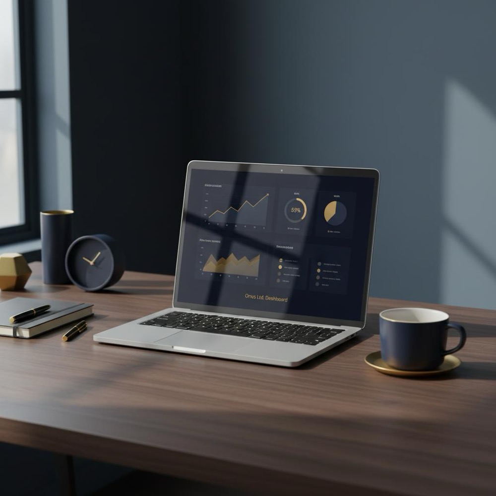 Minimalist workspace with laptop showing analytics dashboard and coffee cup in muted Orvus brand tones, ideal illustration for monthly seo cost article.