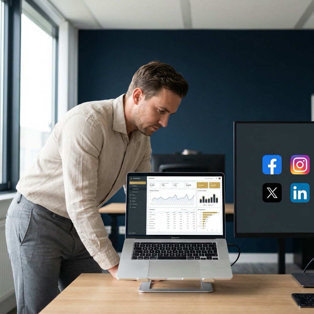 Marketer analyzing analytics dashboard on a laptop with social app icons on a second screen in a navy Orvus Ltd minimalist layout seo and social media