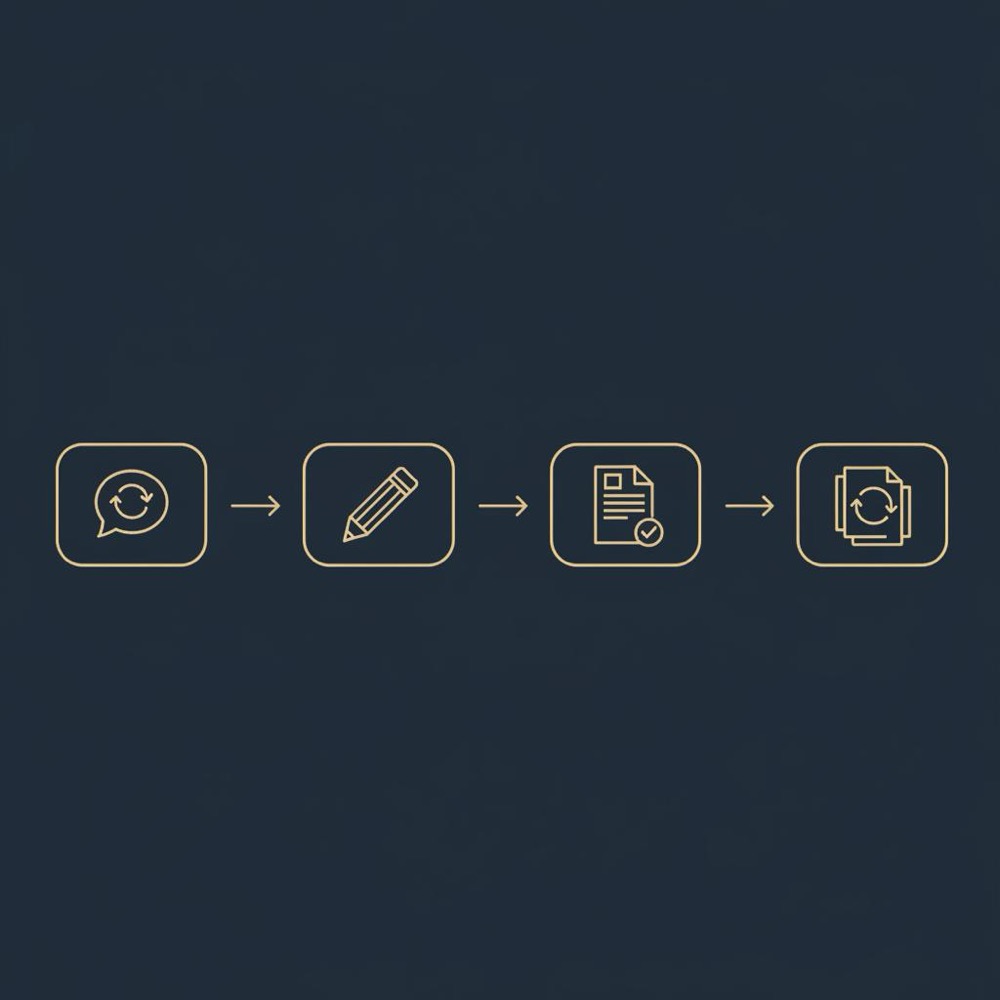 Minimal 2D vector infographic showing progression from reword to edit to revise to rewrite with four icon boxes and arrows on a #0B1E33 background.