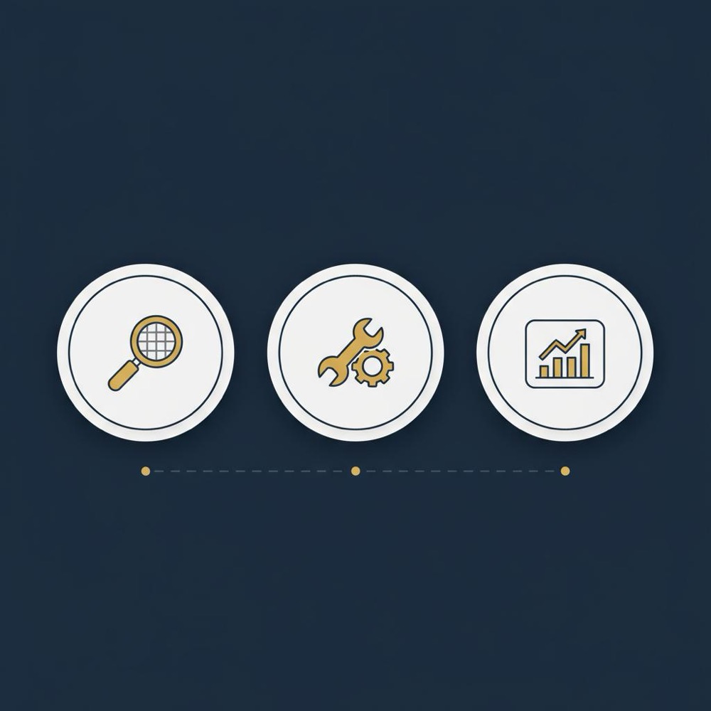 Minimal 2D vector infographic of a 3-month sprint with three icons for audit, fix and measure in Orvus brand colors, semrush for small businesses