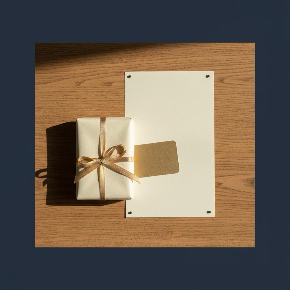Top-down flat-lay of a neatly packaged small parcel on a wooden table with a tidy instruction sheet and a subtle gold ribbon, minimalist composition for organic search