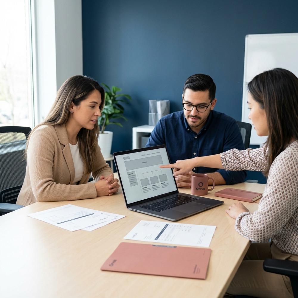 Small marketing team reviewing a sitemap and invoices on a laptop to plan outreach and get backlinks in a minimalist Orvus branded office