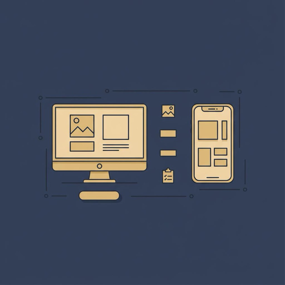 Minimal 2D vector infographic of a landing page layout with monitor, smartphone, wireframe icons and a rounded CTA in Orvus Ltd brand colors for landing page design