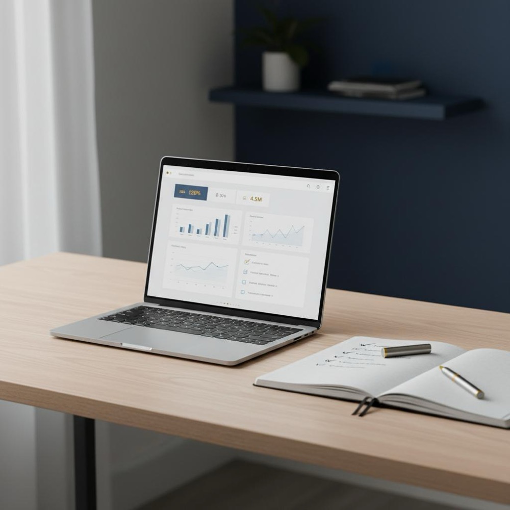Tidy office desk with laptop showing clean analytics dashboard and checklist notebook, natural light, no faces, Orvus accent #C8A45D; SEO job stress