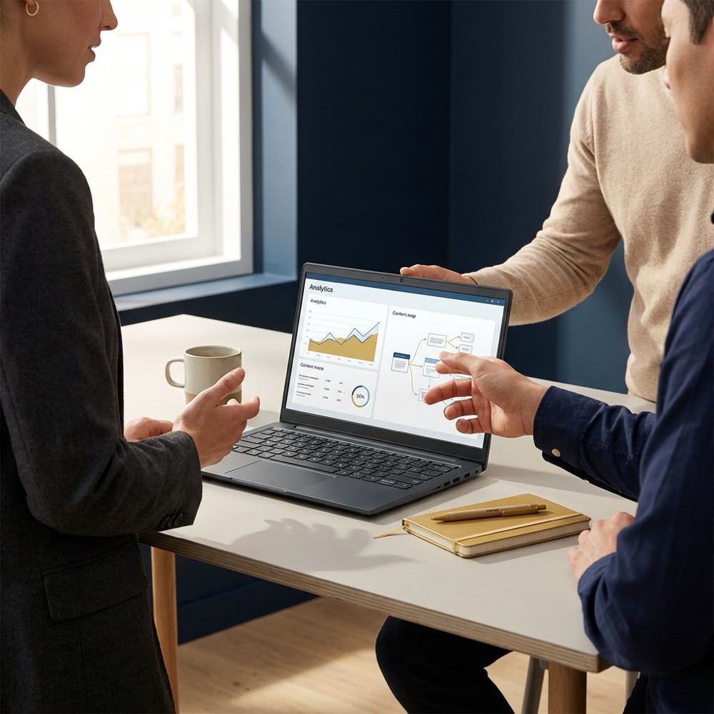 Small team reviewing seo organic analytics dashboard and content map on a laptop in a clean navy branded workspace