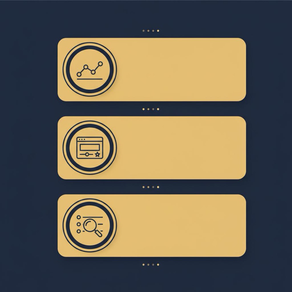 Minimal 2D vector infographic of three stacked SEO tool cards (analytics chart, browser toolbar, keyword magnifier) on a #0B1E33 background - best seo tool for beginners