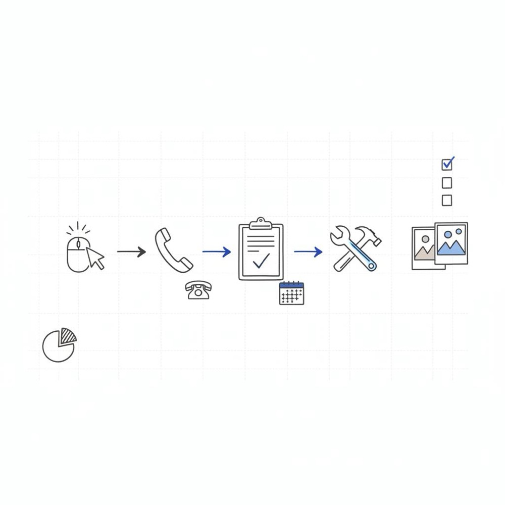 Is Yelp free for contractors? minimalist vector notebook sketch of a contractor conversion funnel using icons for click, phone, estimate, job and before-and-after thumbnails