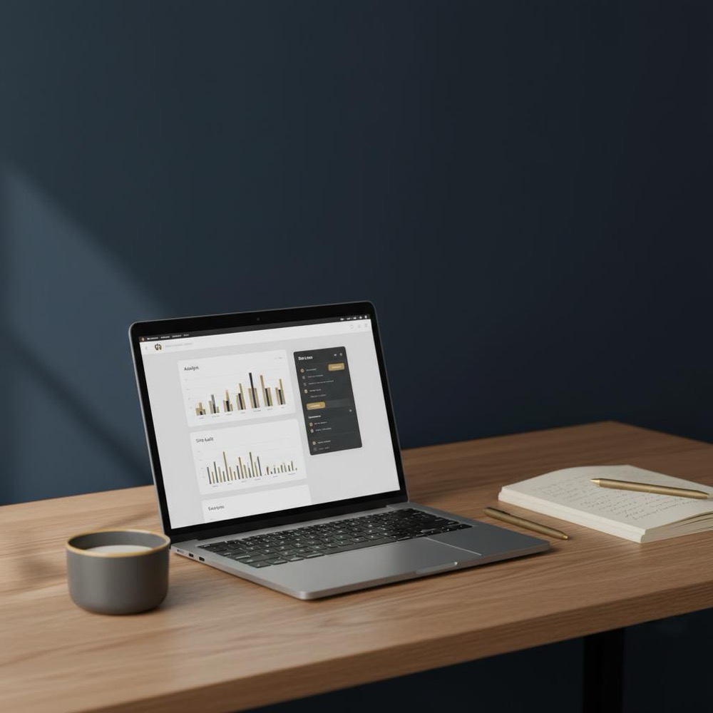 Minimalist workspace with laptop showing analytics and a site audit, notebook and coffee cup in Orvus Ltd. colors - how much does SEO cost