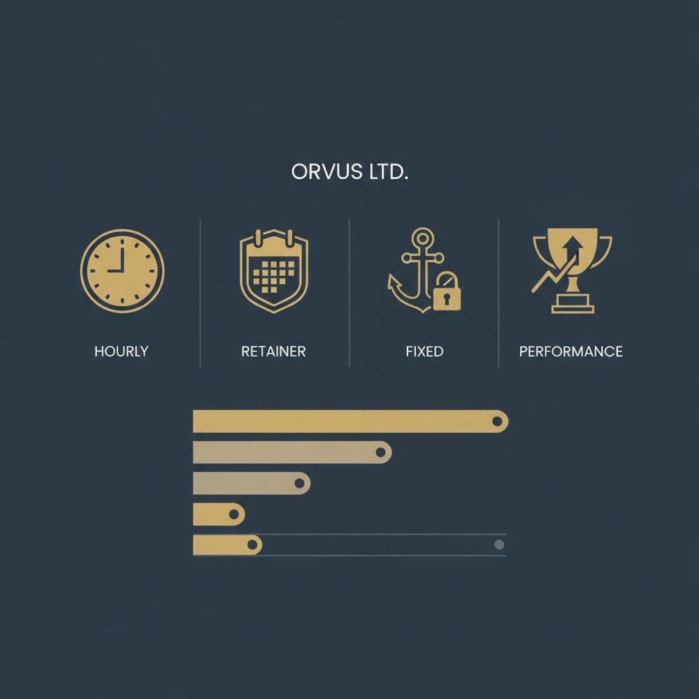 Minimal 2D vector infographic showing four seo agency pricing models (hourly, retainer, fixed, performance) with icons and a simple comparative monthly-range bar chart