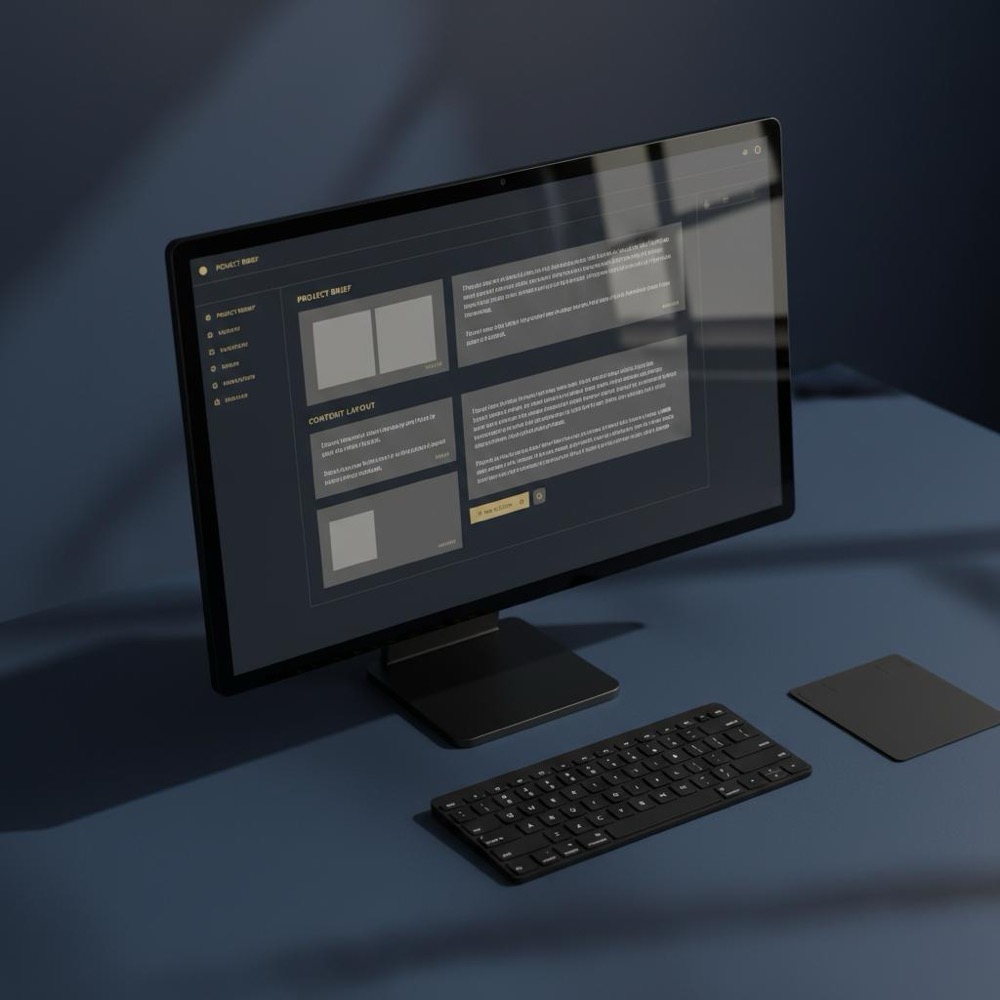 Minimalist desktop with a webpage editor showing headings and image placeholders, small #C8A45D UI highlights, clean layout - content optimization examples