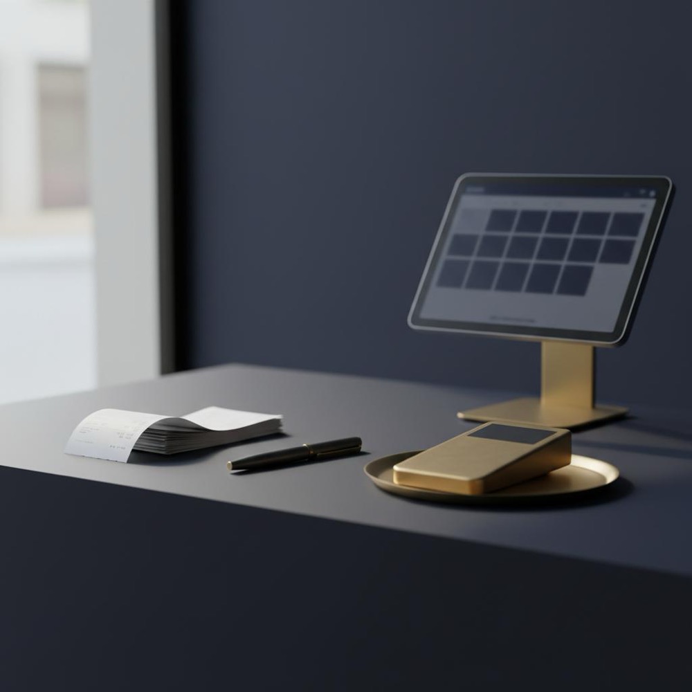 Minimalist small business counter with receipts and a digital booking screen in deep navy and warm brass accents; why are Google reviews removed