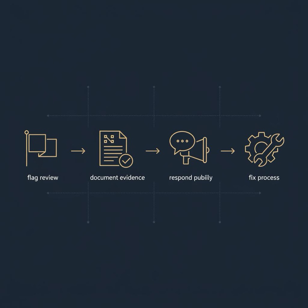 Minimal vector infographic showing steps to remove bad reviews: flag review, document evidence, respond publicly, and fix process on dark navy background.