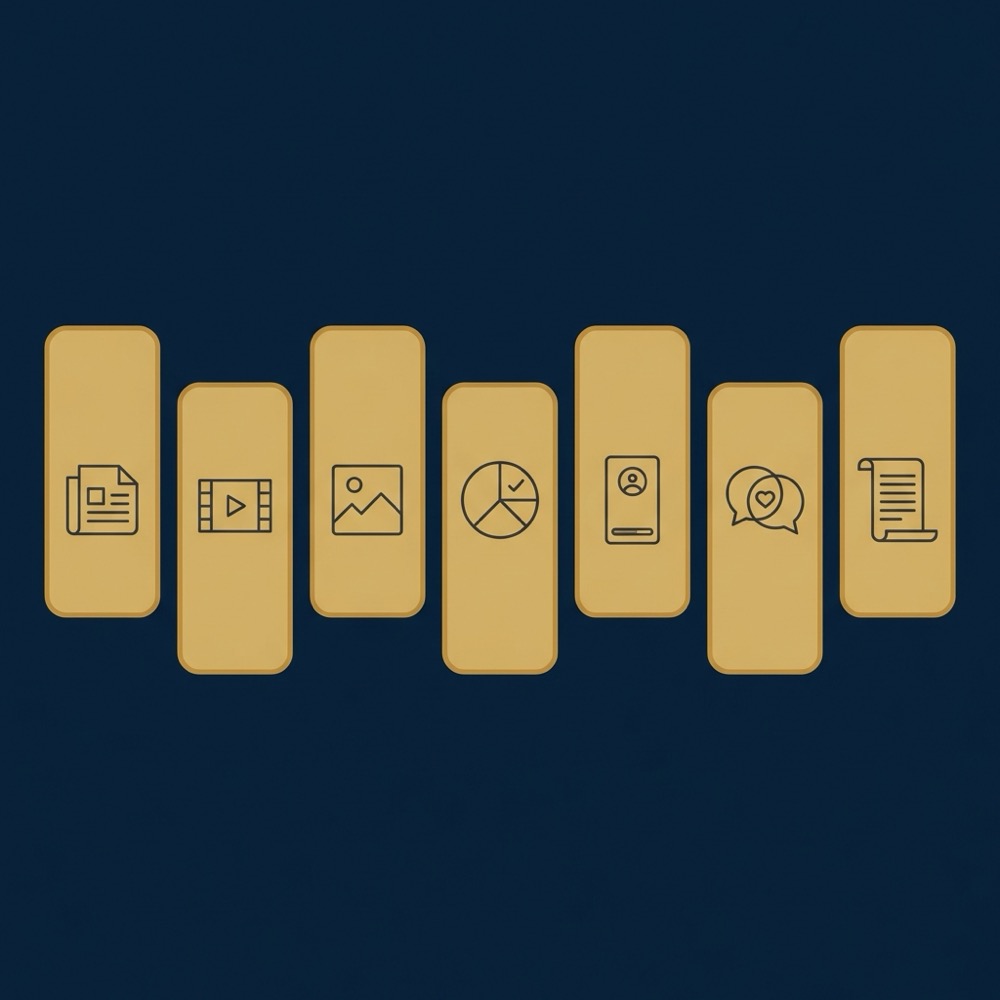 Minimal vector weekly schedule infographic for linkedin bio showing seven day icons and content type symbols in Orvus Ltd brand colors
