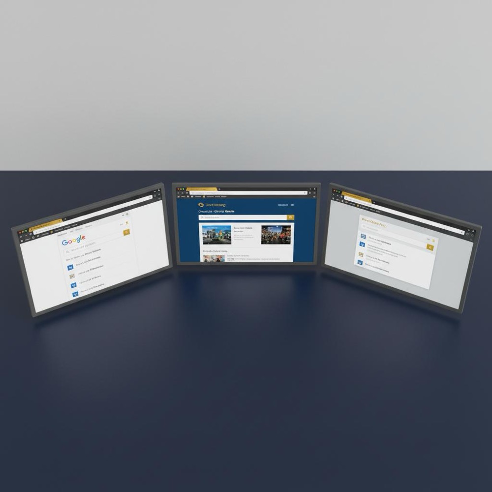 Top 5 search engine comparison: clean navy desk with three side-by-side browser windows showing Google, Bing, and DuckDuckGo search results, minimalist layout with subtle gold accents.