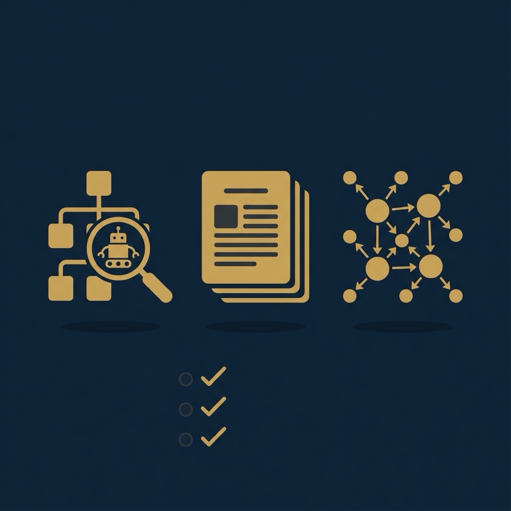 Minimal 2D vector infographic checklist with icons for crawlability content and outreach in Orvus Ltd brand colors onsite seo