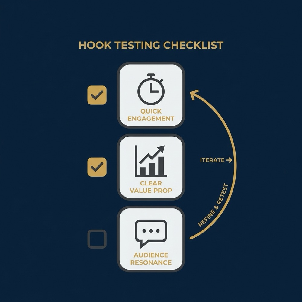 Minimal vector infographic for writing a hook showing a three item checklist with icons and a looping arrow indicating iteration on deep blue background #0B1E33