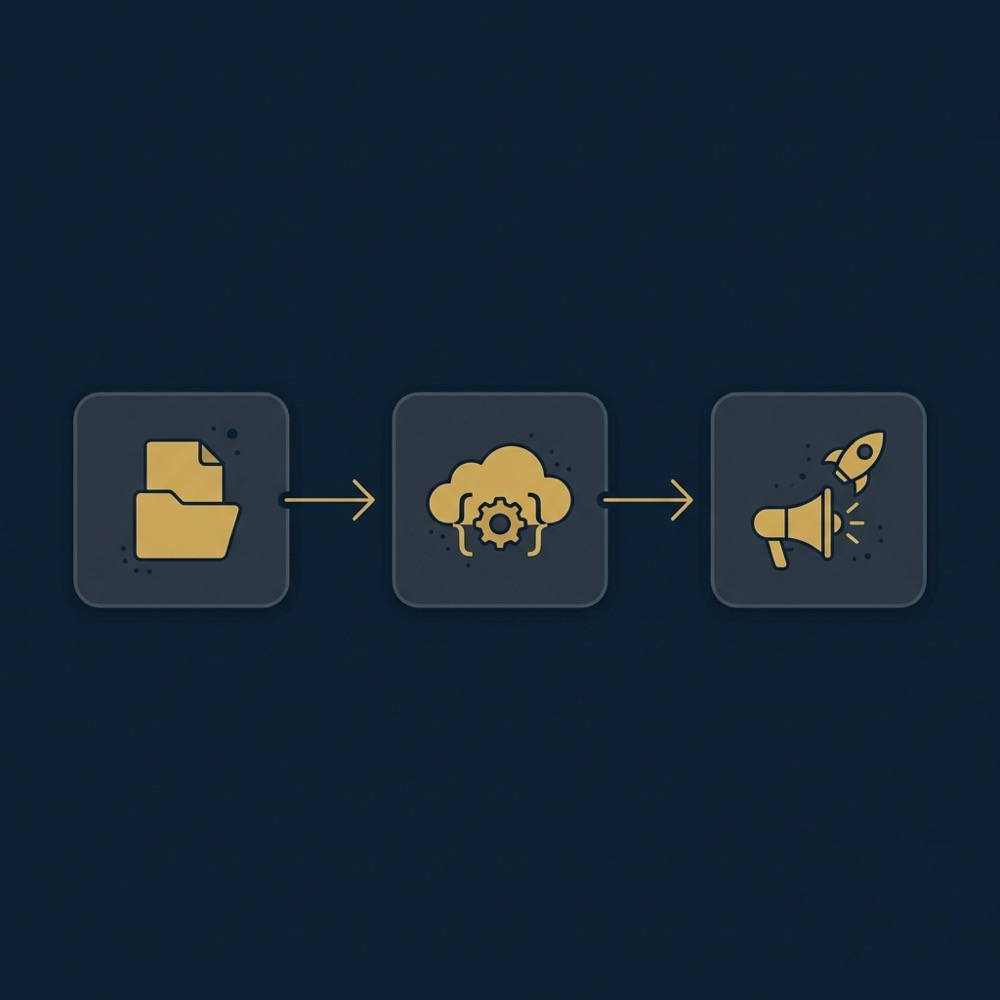 Minimal 2D vector infographic showing CMS to API to publishing flow in Orvus Ltd brand colors navy background and gold accents best ai for writing