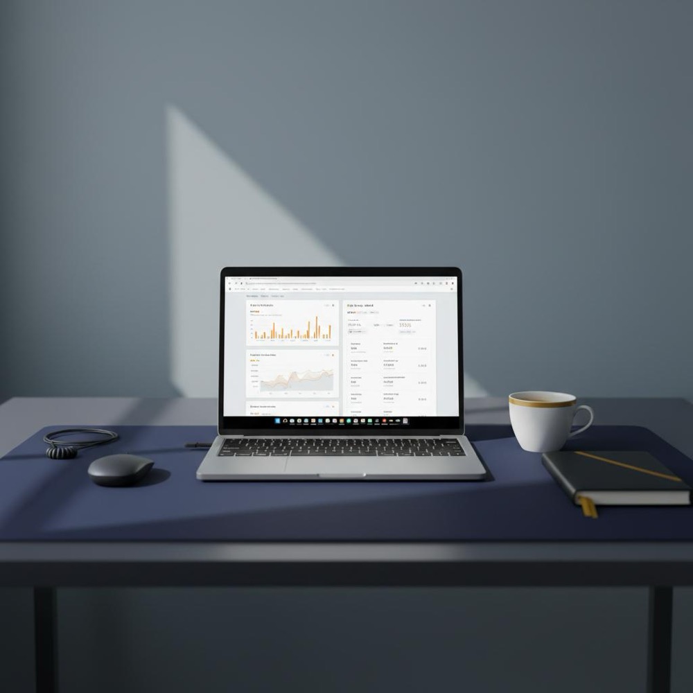 how do I do SEO for my website: realistic minimalist workspace with laptop showing Search Console and GA4 dashboards, navy desk mat #0B1E33, notebook and coffee cup, natural window light