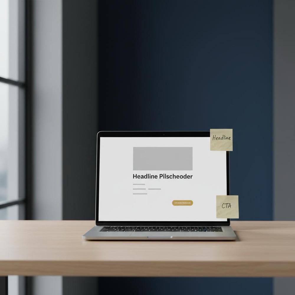 Minimalist desk with laptop showing a landing page wireframe and sticky notes labeled 'Headline' and 'CTA' in Orvus Ltd colors - 80/20 rule copywriting visual in natural light.
