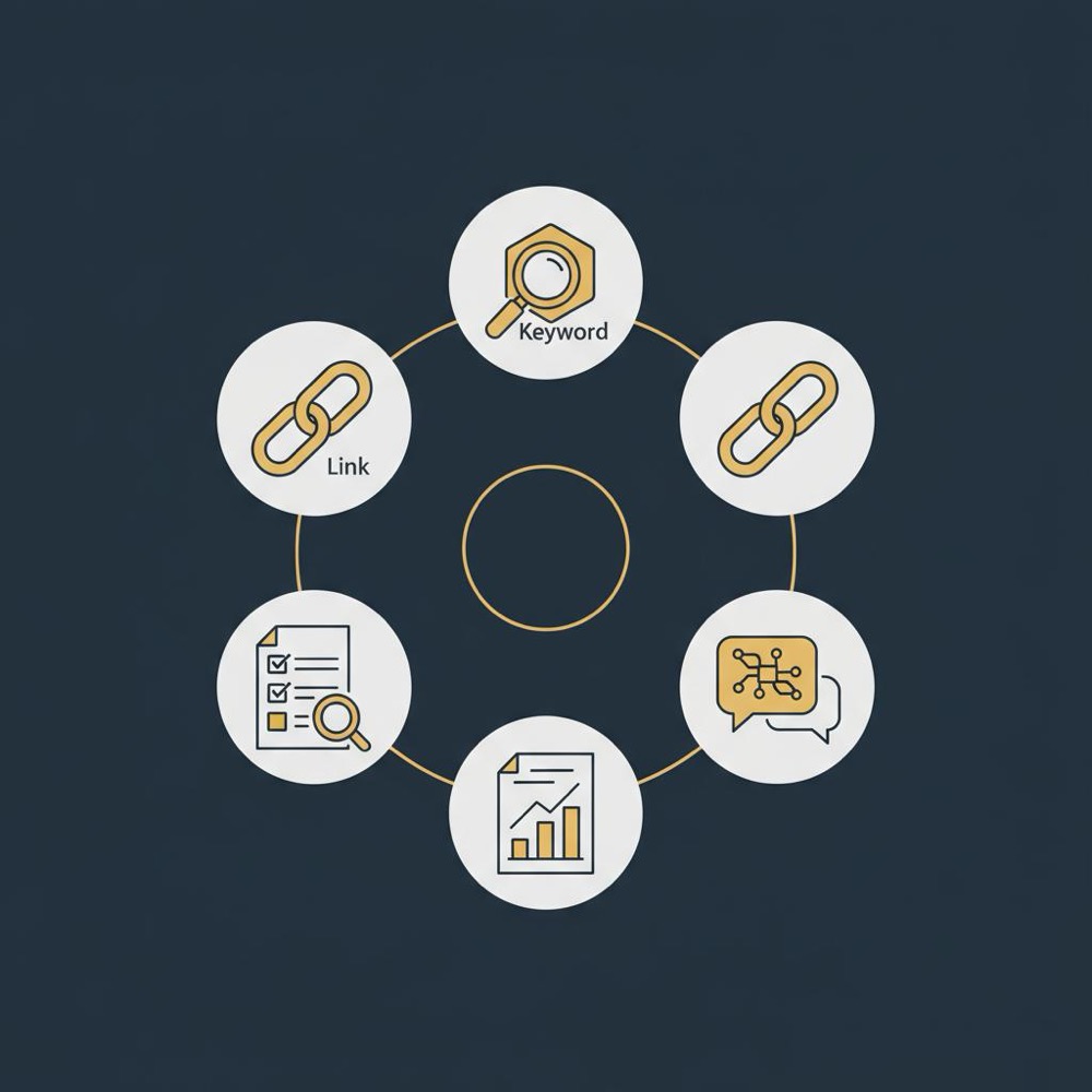 Minimal 2D vector infographic of five rounded SEO icons (keyword, link, audit, AI assistant, report) arranged in a circle on #0B1E33 background - best SEO tool 2025