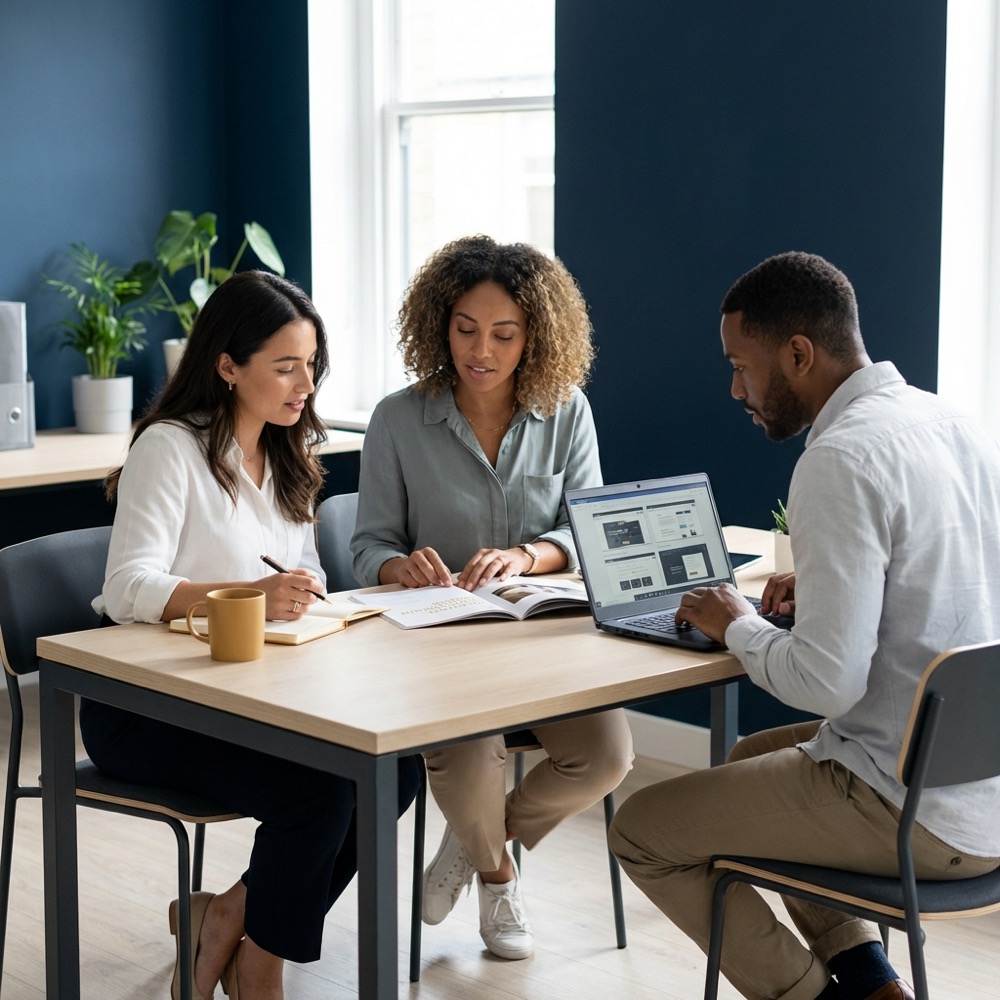 Small marketing team reviewing publication records and laptop screenshots for backlink services performance in a minimalist Orvus Ltd workspace with navy and warm gold accents