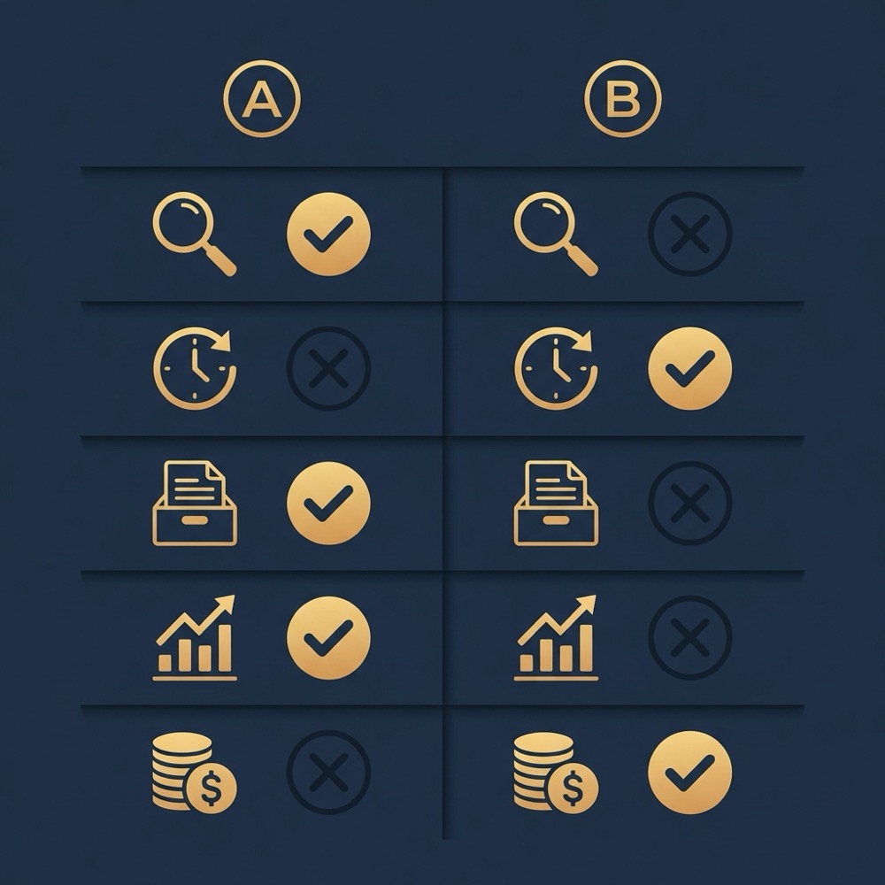 Minimal two dimensional vector infographic comparing two SEO proposals with checklist icons and highlighted wins on a deep navy background seo pricing packages