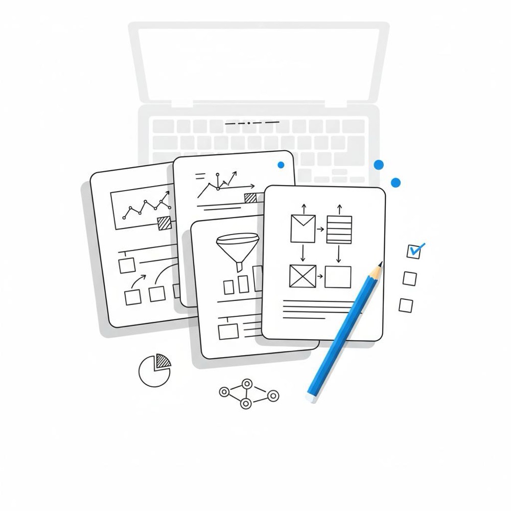 Vector flatlay of arranged before-and-after project prints with sketch diagrams and a blue pencil accent - HomeAdvisor free for contractors