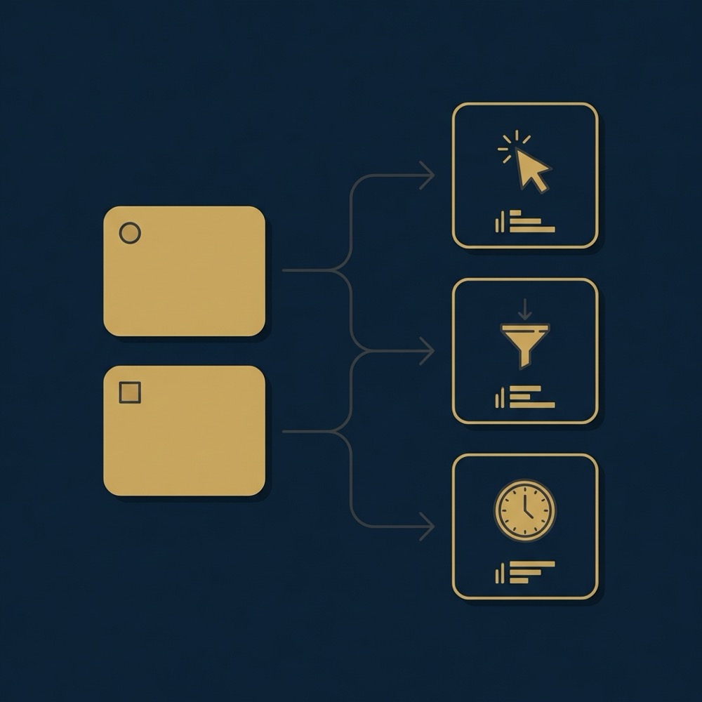 Minimal 2D vector infographic showing an A B title test flow with variant cards arrows and metric icons in Orvus Ltd colors keyword optimization