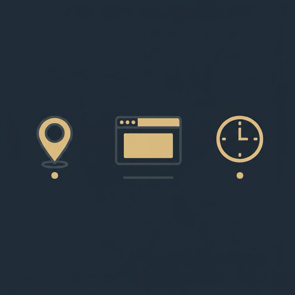 Minimal 2D vector infographic with three horizontal icons (map pin, webpage, clock) in Orvus Ltd. brand colors on dark navy background, illustrating Google Maps vs traditional SEO.