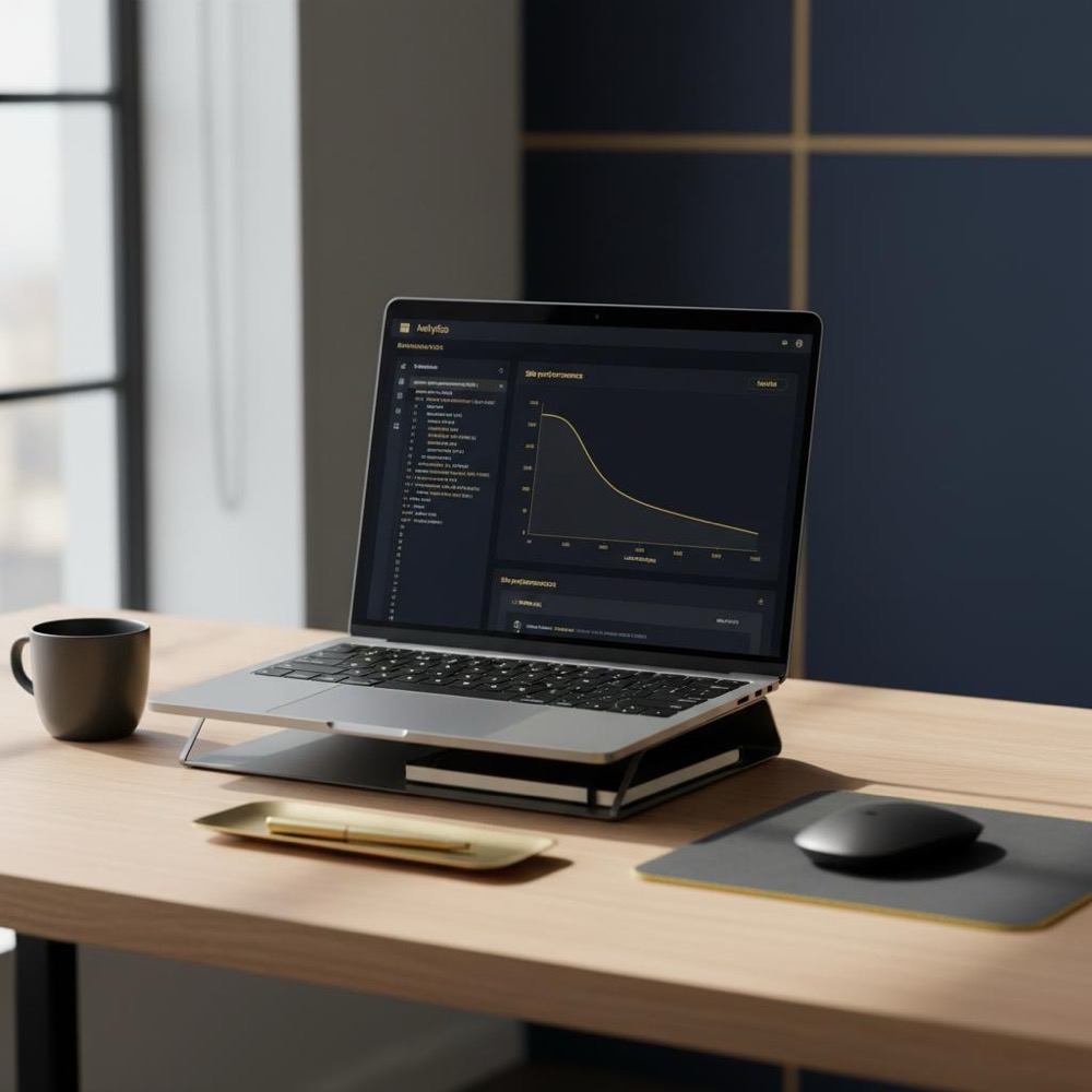 Developer workspace with laptop showing analytics dashboard, code snippets and site speed graph in Orvus Ltd colors - ideal for best SEO company