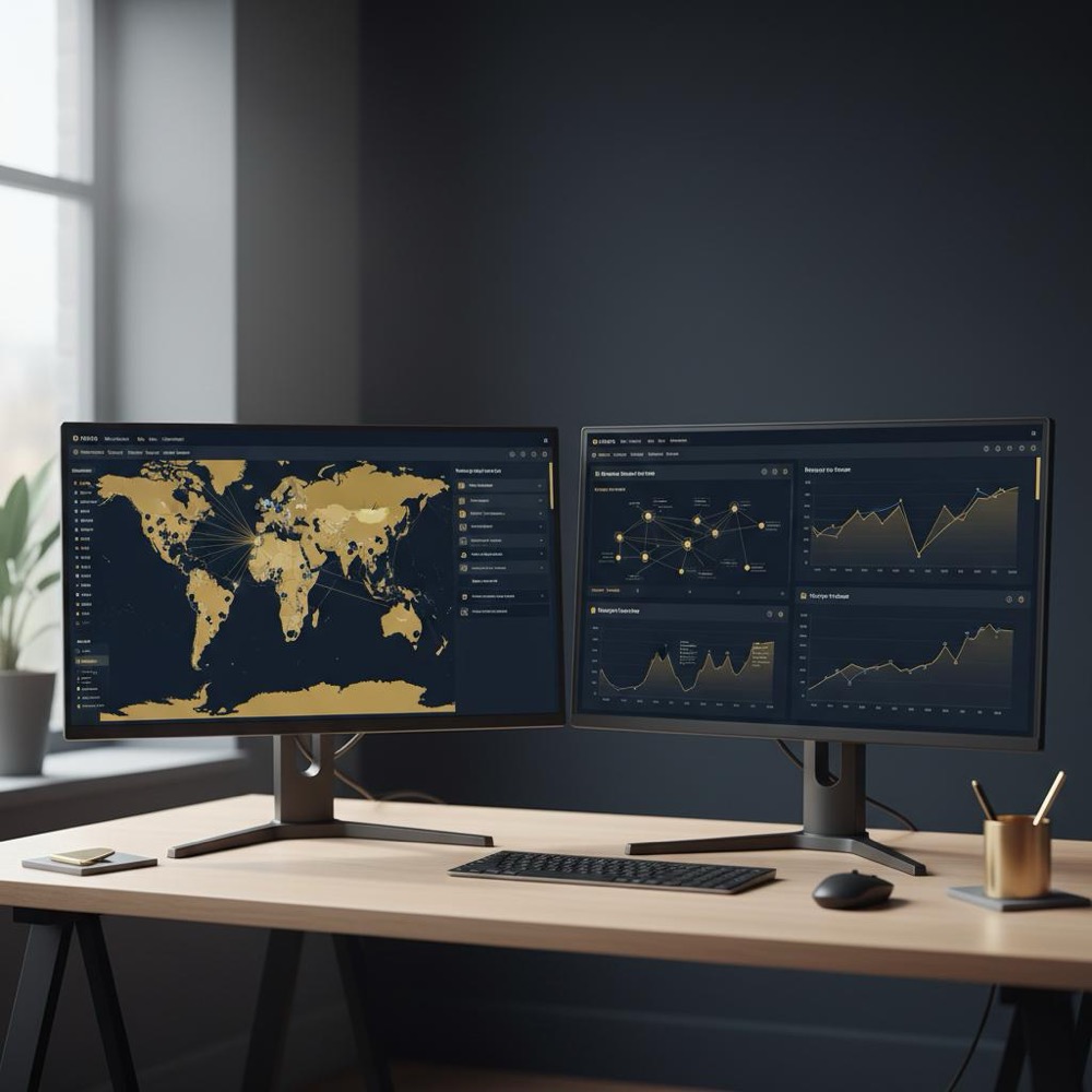 Minimalist modern workspace with multiple monitors showing SERP maps and backlink charts for Porter's Five Forces analysis, navy background and gold accents