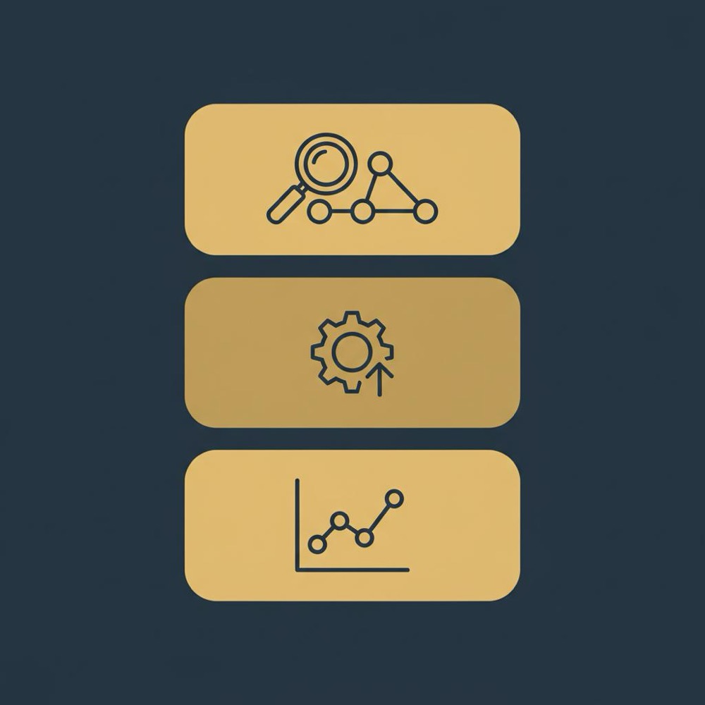 Minimal 2D vector infographic of three stacked panels with icons for crawl, optimize, and track in Orvus Ltd brand colors. What is Moz Pro used for?