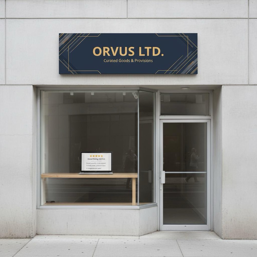 Small storefront with visible business sign and tablet showing a review dashboard in Orvus Ltd brand colors - can a business owner delete Google reviews