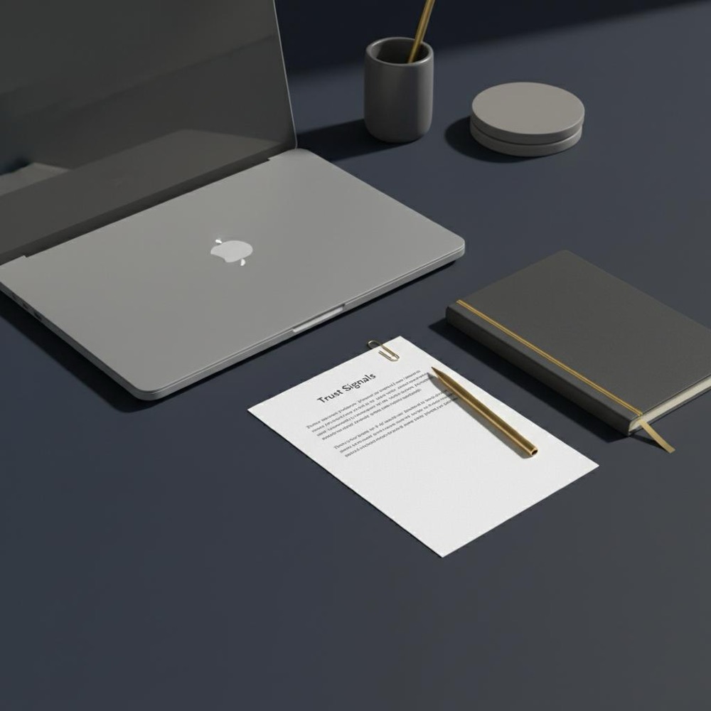 Minimalist workspace with laptop, notebook and printed checklist about trust signals on a navy background with gold accents, illustrating ChatGPT write SEO articles
