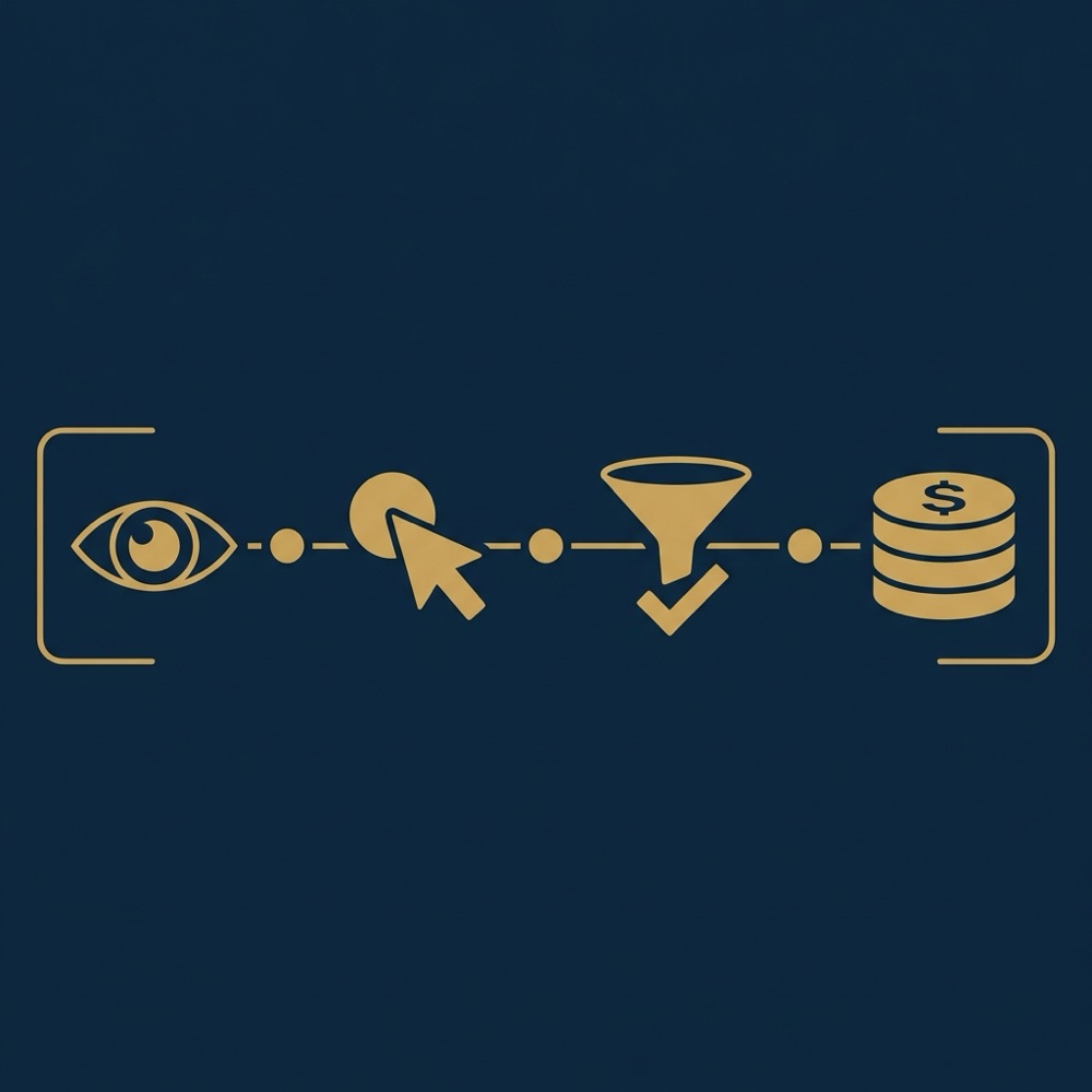Minimal vector infographic showing decomposition from impressions to CTR to CVR to value with four icons in Orvus Ltd brand colors twitter seo