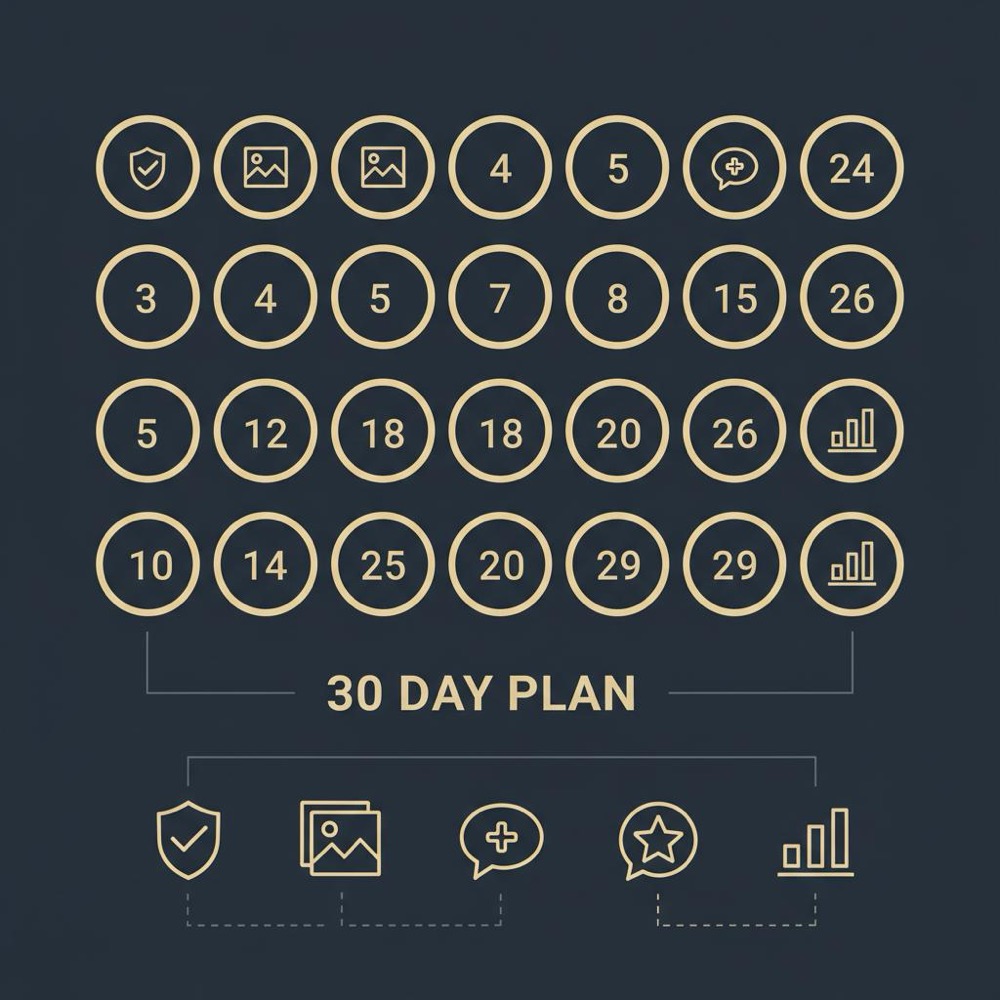 Minimal 2D vector 30-day plan calendar with verification, photos, posts, reviews and insights icons in Orvus colors for Google My Business SEO
