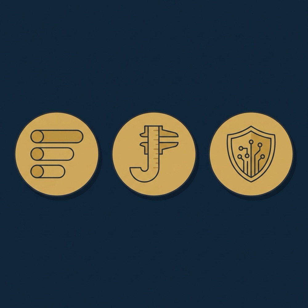 Minimalist 2D vector infographic for seo writing showing rubric measurement and AI governance icons in Orvus Ltd palette 0B1E33 C8A45D 2E3237