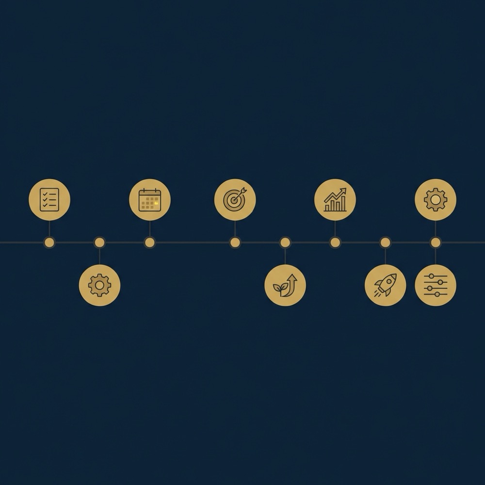 Minimalist 2D vector timeline infographic showing a 30 day and 90 day playbook with milestone icons and clean layout for website ranking on google