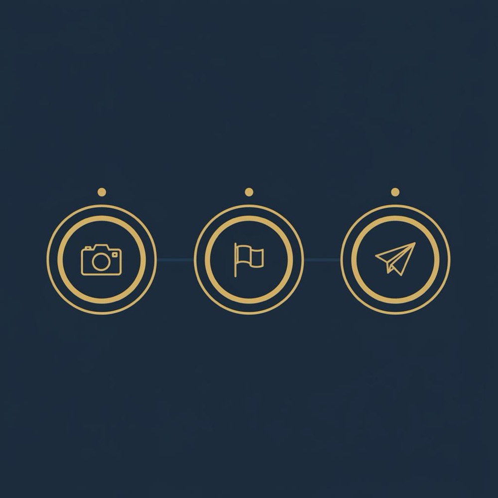 Minimal 2D vector infographic showing three-step flow to delete a Google review using camera, flag, and paper airplane icons on a navy background with gold and gray accents