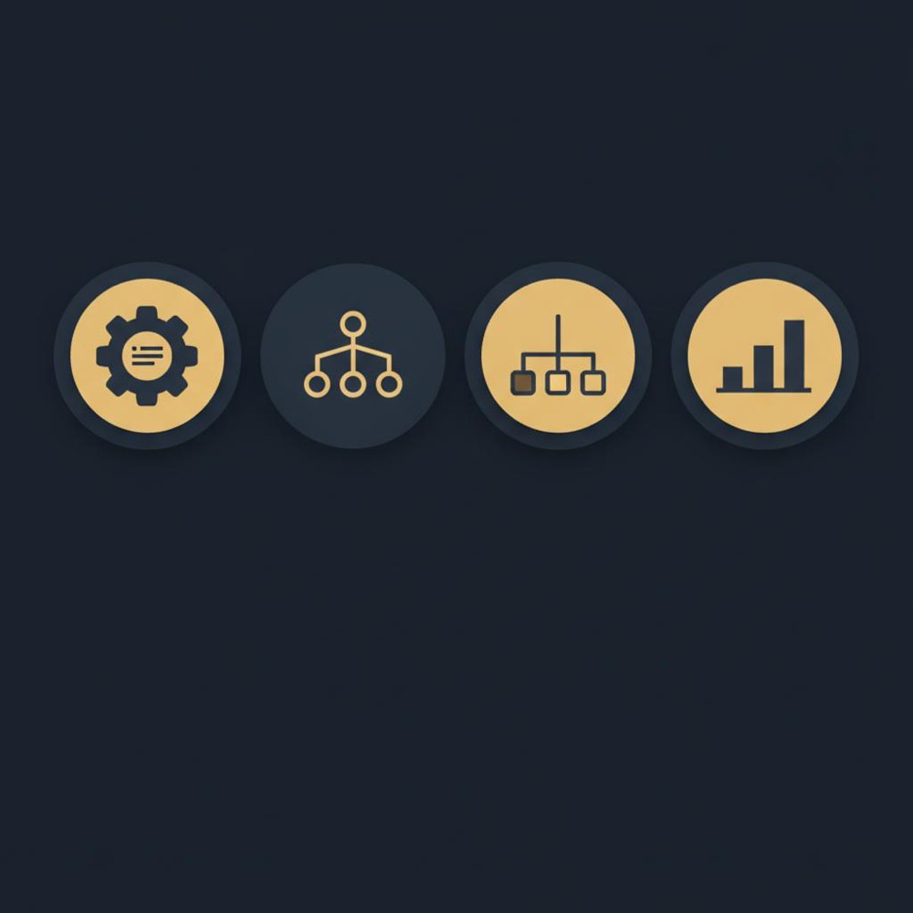 Minimal 2D vector infographic with four icons for technical SEO content architecture testing and measurement on dark navy background for seo agency services
