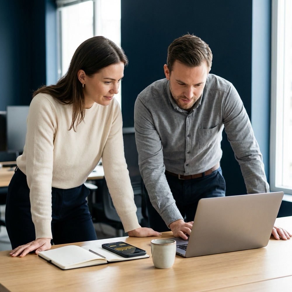 Developer and marketer reviewing mobile performance charts on laptop and smartphone in a minimalist office with Orvus brand colors 0B1E33 background and C8A45D accents mobile seo