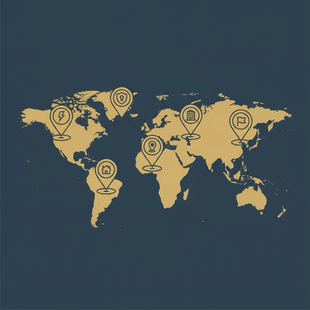 Minimal vector world map infographic showing five pins for the top 5 search engine strengths: speed, privacy, local, enterprise, domestic in Orvus Ltd brand colors