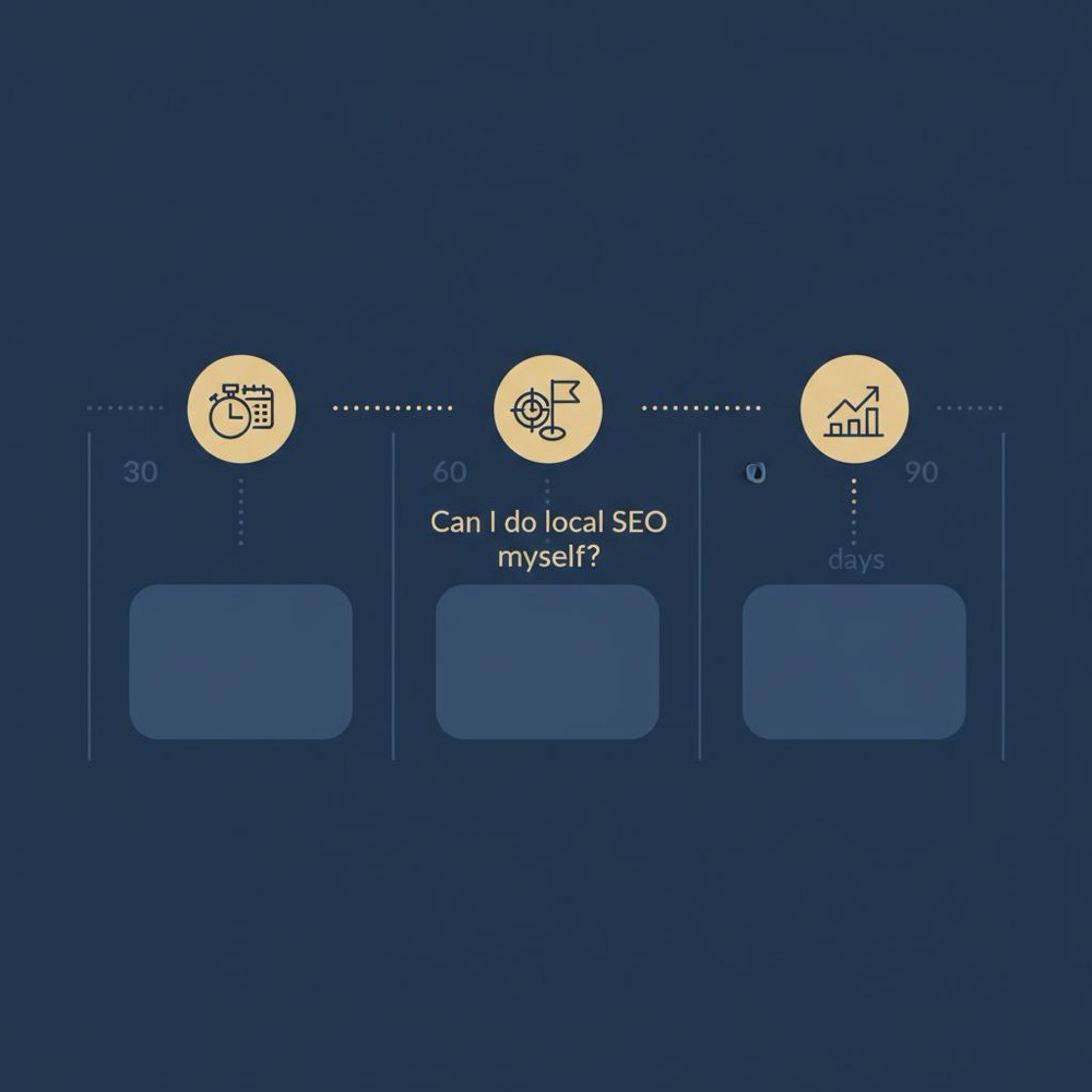 Can I do local SEO myself? Minimal 2D vector three-column 30/60/90 timeline infographic with simple icons on dark #0B1E33 background using Orvus Ltd brand colors.