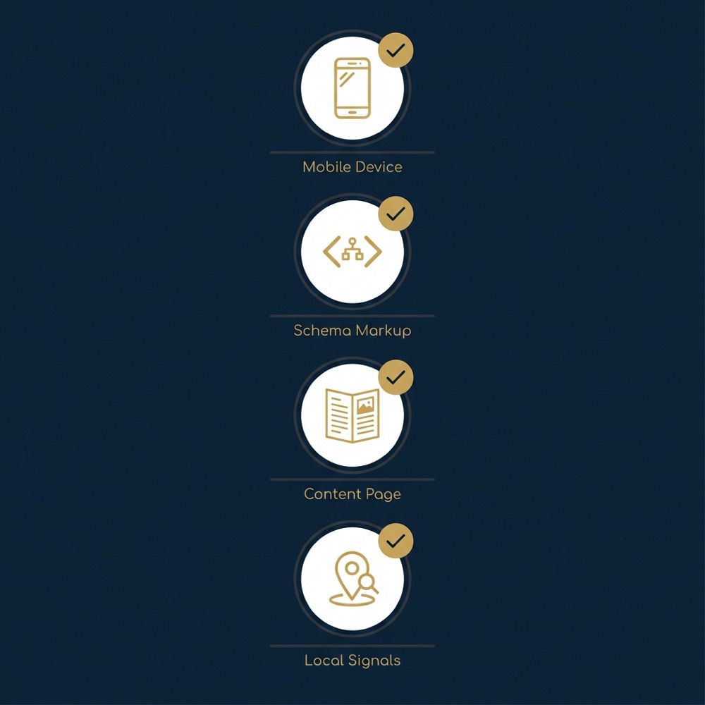 Minimal 2D vector checklist infographic for voice search seo showing mobile schema content and local signals icons on dark blue background